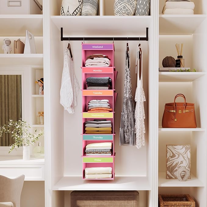 YOUDENOVA 6-Shelf Weekly Hanging Closet Organizer, Weekly Clothes Organizers for Kids with 2 Side Pockets, Pink