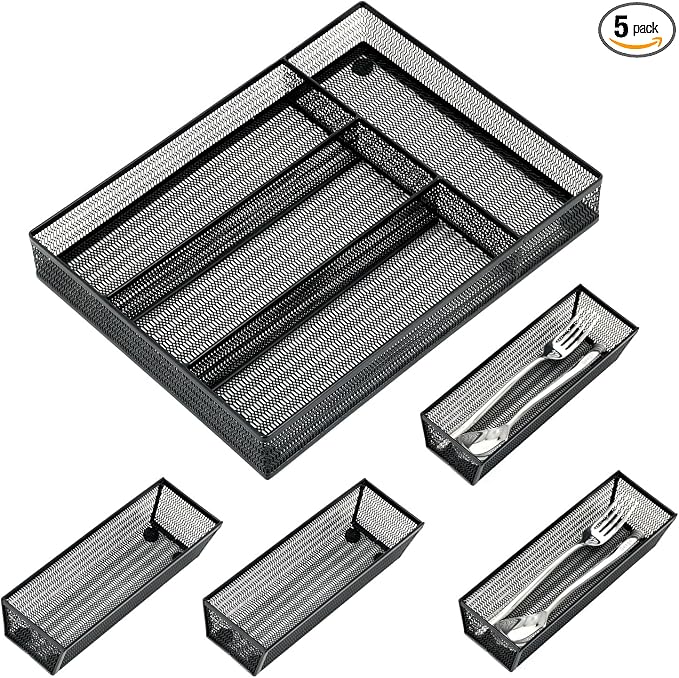 Neudeco Drawer Organizer Set, Black Mesh, 5 Pack | 4-Compartment Silverware Organizer Tray, 4 Utensil Trays, For Flatware, Cutlery, Office Supplies, Non-Slip