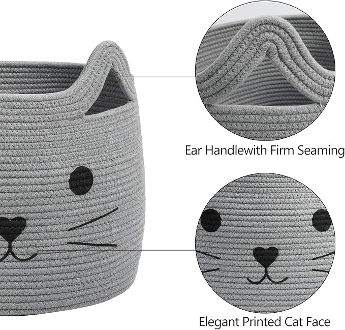 Large Woven Cotton Rope Storage Basket, Baby Laundry Basket Organizer for Towels, Blanket, Toys, Clothes, Gifts | Pet Gift Baskets for Cat, Dog - 15.7" L×11.8" H, Gray