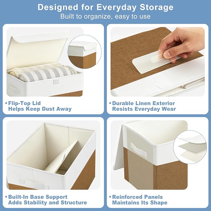 Large 17" 42 Quarts Collapsible Stackable Storage Bins with Lids [3-Pack] Foldable Fabric Linen Storage Boxes Cube, Closet Organizer Baskets with Label for Home (16.7 x 12 x 12", Brown & White)