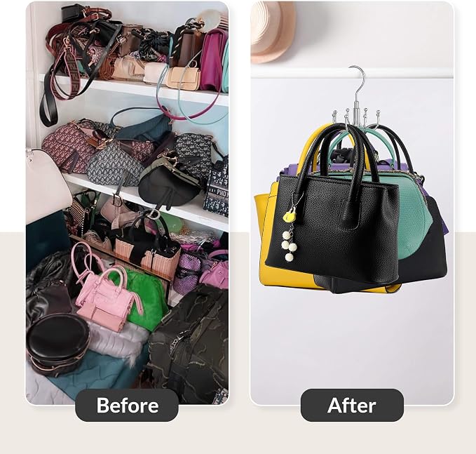 ZEDODIER 2 Pack Purse Hanger Organizer for Closet, Rotatable Sturdy Purses Holder Holds 16 Bags, Metal Space Saving Closet Organizers and Storage, Silver