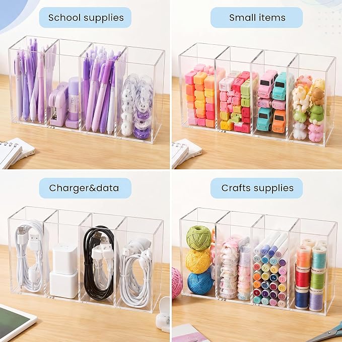 Pajean 3 Pack Clear Acrylic Pencil Holder 4 Compartments Pen Organizer for Desk Pencil Cup Makeup Brush Holder Back to School Supplies for Classroom Office Home Desk Accessories