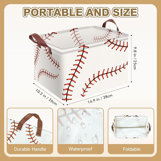 Baseball Decor Storage Basket Waterproof Canvas Toy Storage Bin Baseball Room Decor Collapsible Outdoor Basket with Leather Handles Blanket Baskets For Closets,Bedrooms,Gifts Baskets