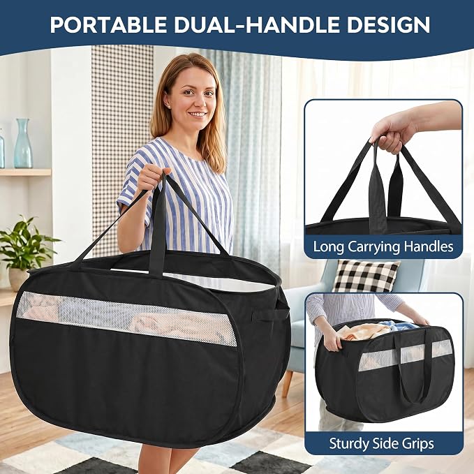 100L Collapsible Laundry Baskets, Foldable Dual Handle Laundry Hamper Black | Lightweight, Easy to Carry, Up and Downstairs, Tear-Proof, Space-saving, for Laundry Room, Bedroom, Bathroom, Travel, Dorm