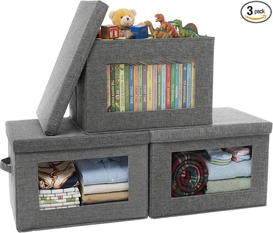 3-Pack Large Storage Bins with Lids & Clear Window, Foldable Fabric Closet Organizer Boxes, Stackable Cube Baskets with Soft Handles for Clothes & Blankets, 17”, Grey