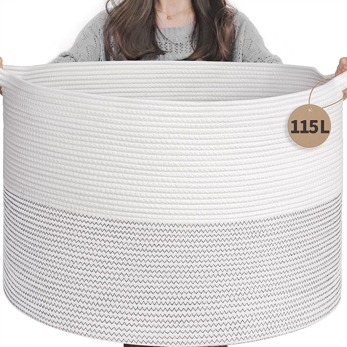 INDRESSME 115L Extra Large Blanket Basket, Cotton Rope Toy Baskets Storage Kids Toy Bin for Playroom Decor Woven Baby Laundry Basket for Organizing, Black Stitch