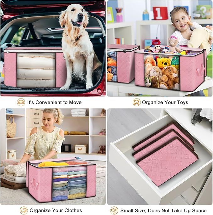 90L Large Storage Bags, 4 Pack Clothes Storage Bins Closet Organizers | Foldable Storage Containers, with Reinforced Handle, for Clothing, Blanket, Comforters, Bed Sheets, Pillows and Toys,Pink