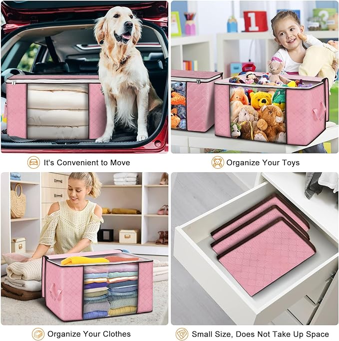 90L Large Storage Bags, 6 Pack Clothes Storage Bins Closet Organizers | Foldable Storage Containers, with Reinforced Handle, for Clothing, Blanket, Comforters, Bed Sheets, Pillows and Toys,Pink