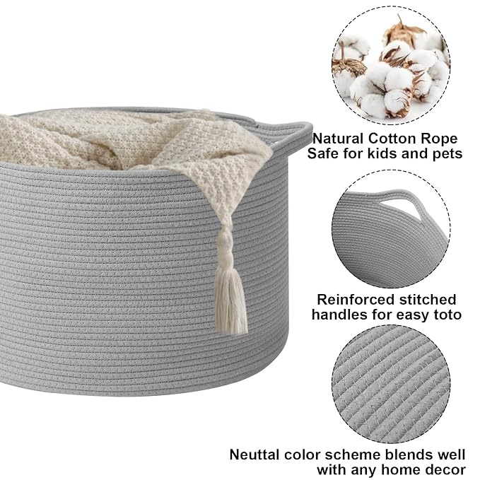115L Extra Large Blanket Basket,Woven Rope Laundry Basket Hamper with Handles, Decorative Nursery Basket Storage Bin for Toys, Clothes Organizer, Living Room, Bedroom, Bathroom, Light Grey