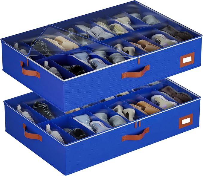 homyfort Under Bed Shoe Storage Organizer, Underbed Shoes Storage Containers, set of 2, fits up to 32 Pairs of Shoes (Blue)
