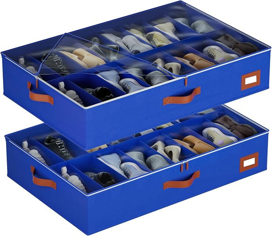 homyfort Under Bed Shoe Storage Organizer, Underbed Shoes Storage Containers, set of 2, fits up to 32 Pairs of Shoes (Blue)
