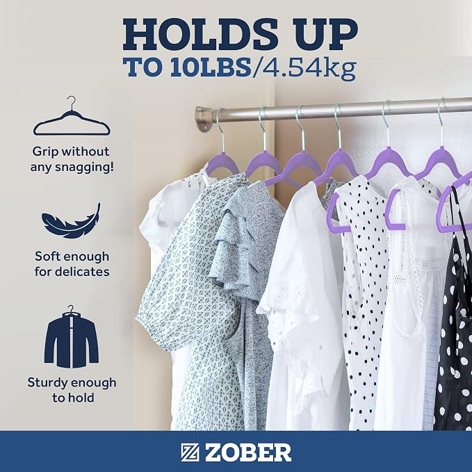 ZOBER Purple Velvet Hangers 50 Pack - Clothes Hangers, Coat Hanger for Pants & Dress Clothes - Non Slip w/ 360 Degree Swivel, Holds up to 10 lbs - Strong Felt Hanger for Clothing