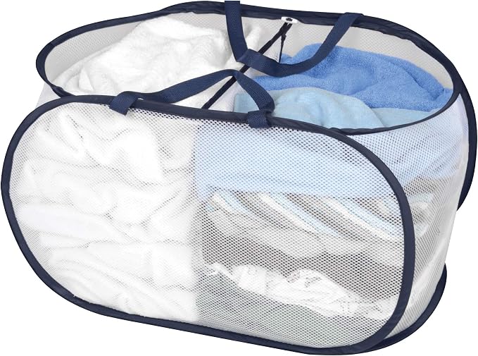 Smart Design Deluxe Mesh Pop Up 2 Compartment Laundry Sorter Hamper Basket - VentilAir Fabric Collapsible Design - for Clothes & Laundry - Home Organization (Holds 2 Loads) (23 x 15 Inch) [White]