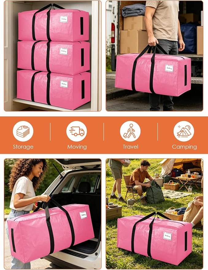 SWEET DOLPHIN 8 Pack 200LB Heavy-Duty Moving Bags with Wrap-Around Handles, Extra Large Storage Totes for Space Saving, Clothes Storage Bags, College Dorm Essentials, Pink, 24 Gal