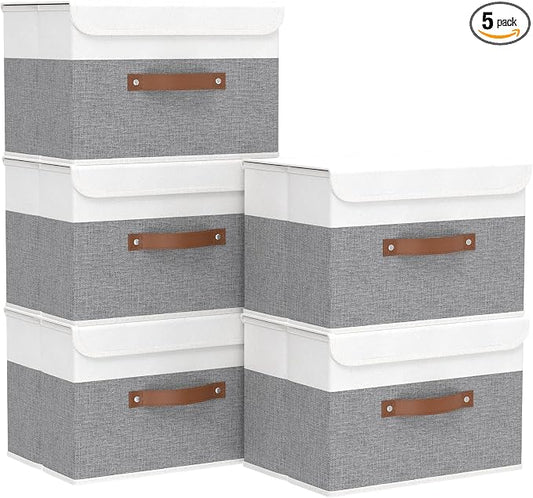 Yawinhe Storage Bins with Lids, Fabric Foldable Boxes, Washable and Leather Handle, Cube Organizer Basket for Home, Closet, White/Grey, 17.7''Lx11.8''Wx11.8''H, 5-Pack, USNK024WGX-5