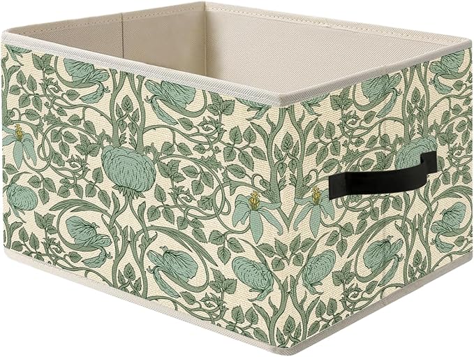 William Morris Inspired Vintage Pastel Green Floral Botanical Storage Bin Box with Handles,Green Vine Flowers Foldable Organizer Basket Toybox for Girls Room Bedroom Bathroom Clothes Toys Books