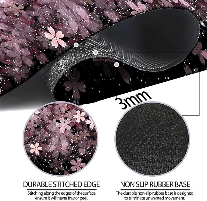 Japanese Cherry Blossom Gaming Desk Mat, Computer Keyboard Large Extended Flowers Mouse Pad for Office and Home, 31.5×11.8 Inches, XL, Black