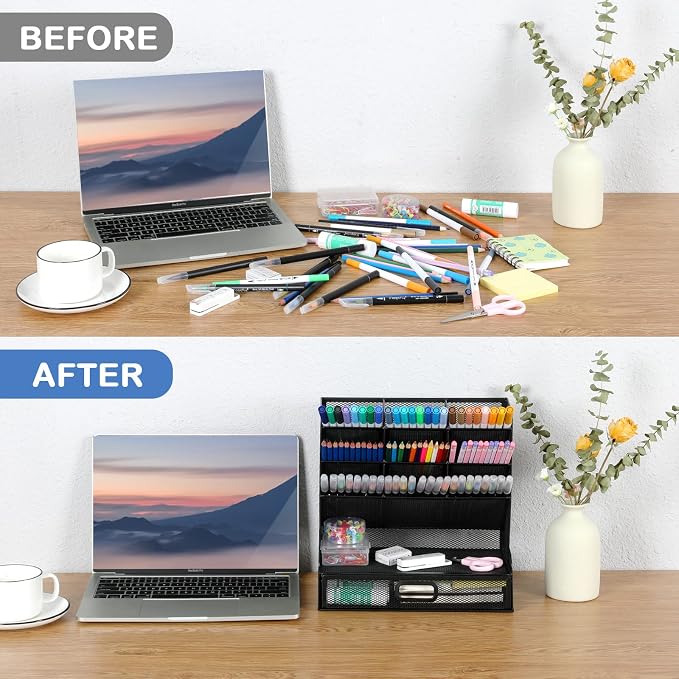 VICNOVA Mesh Desk Organizer, Pen Holder Art Supply Storage Organizer with Drawer Pen Organizer for Desk Desktop Marker Pencil Storage for Office School Home Art Supplies