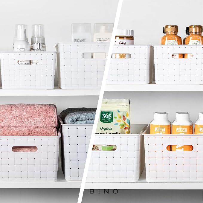 BINO | Plastic Storage Baskets Small - White | THE STABLE COLLECTION | Multi-Use Storage | Rectangular Cabinet Organizer | Baskets For Organizing with Handles | Home Office Organization and Storage