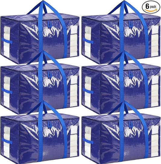 BAGAIL Heavy Duty Moving Bags with Strong Handle, Extra Large Moving Boxes, Storage Tote for Clothes, College Moving Supplies(6 Pack, Blue-windows)