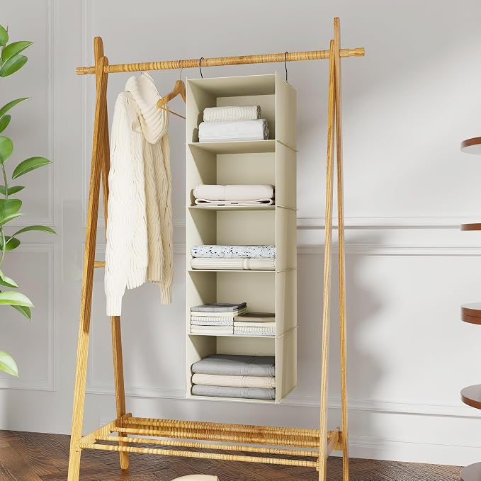 Hanging Closet Organizer 5-Shelf, Oxford Fabric Wardrobe Storage, Beige | Easy-mount foldable design holds clothes, handbags, shoes & accessories; washable Oxford fabric, sturdy and space-saving.