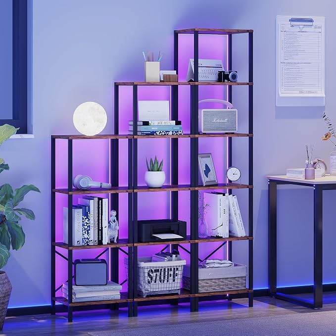 JARHETUN 6-Tier Bookshelf, Tall Narrow Bookcase with LED Lights, Book Shelf with Steel Frame, Display Storage Shelf for Living Room, Bedroom, Home Office, Study, Balcony, Rustic Brown
