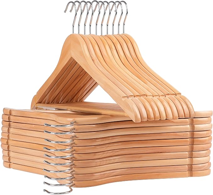 Wooden Hangers 20 Pack, Non-Slip Wood Hangers with 360°Swivel Hook & Notches, Durable & Slim Coat Hanger for Shirt, Suit, Jacket, Dress, Natural-HL01N2