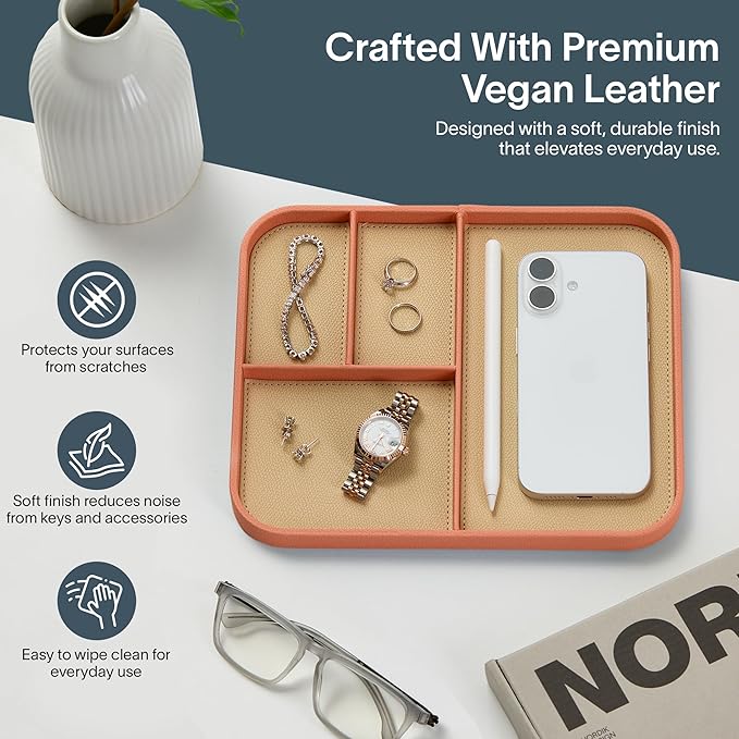Nordik Leather Valet Tray - Coral Blush Pink - 9.5 x 7.9 Inch Medium Vegan Leather Tray - Stylish Nightstand Organizer for Men - Modern Bedside Caddy - EDC Catchall for Key Watch Wallet Jewellery