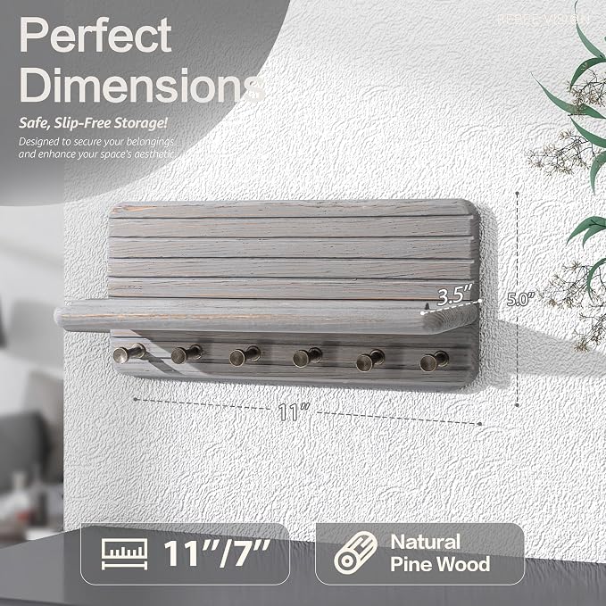 Rebee Vision Pine Wood Key Holder Wall Mount for Room Decor Aesthetic – Wooden Key Holder for Wall with 6 Hooks & Floating Shelf - Farmhouse Home Organization Accent (Distressed Gray)
