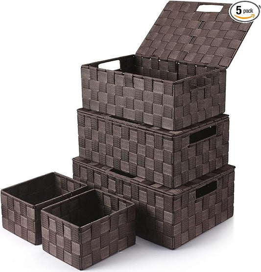Storage Bins Baskets for Organizing with Lids, Storage Baskets for Shelves Stackable Woven Basket, Gift Small Basket Storage Cubes, Decorative Wicker Basket with Built-in Handles (5 Pack, Brown)