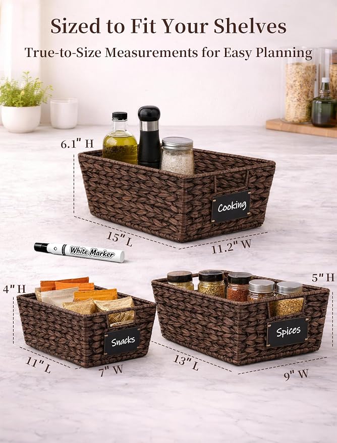 Pantry Organizers and Storage, Water Hyacinth Storage Baskets for Shelves, Brown Baskets for Organizing, Pantry Baskets with Chalkboard Labels and Marker