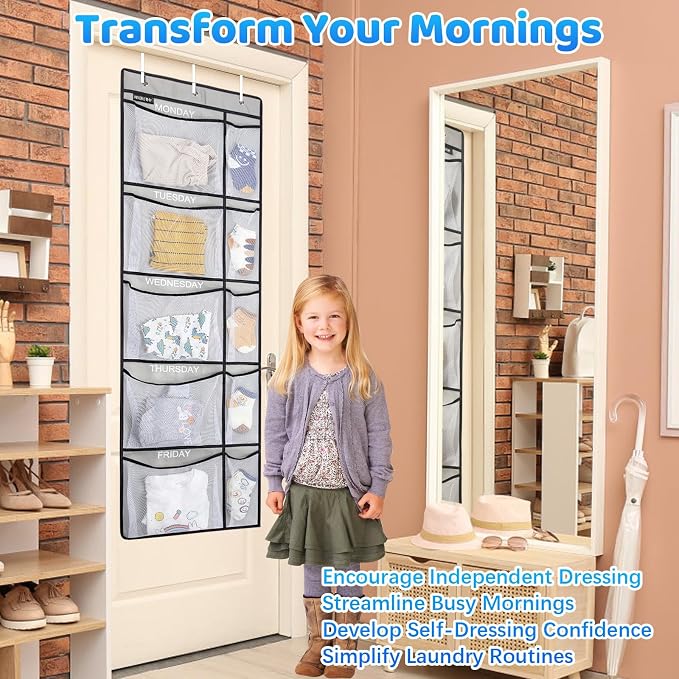 Weekly Kids Clothes Organizer - Day of Week School Clothing Organizer, Monday to Friday Time Save, No Odour, 5-Shelf Hanging Closet Storage (Grey), 2 Pack