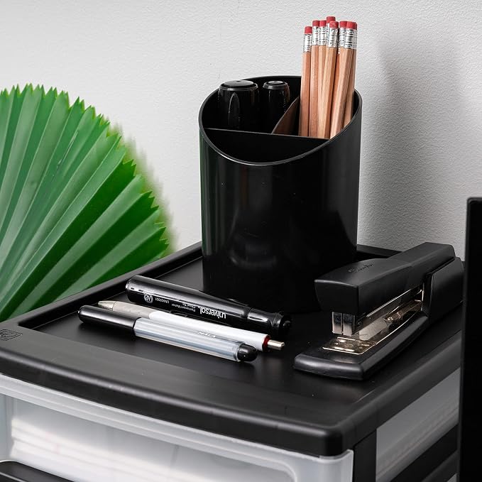 IRIS USA Plastic Stacking Desk Top 3-Drawer Storage Organizer, 1-Pack, for Makeup Vanity Nail Polish Bathroom Stationery Art Craft Supplies Kitchen Office Garage and Small Organization, Medium, Black