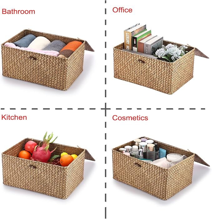 Hipiwe Wicker Shelf Baskets Bin with Lid, Handwoven Seagrass Basket Storage Bins Rectangular Household Basket Boxes for Shelf Wardrobe Home Organizer, Coffee X-Large