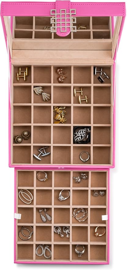 Glenor Co Earring Organizer - Classic 50 Section Jewelry Box/Case/Holder for Earrings, Rings, Necklaces, Jewelry, Cufflinks or Collections -2 Layer Small Compartments with Large Mirror - Pink