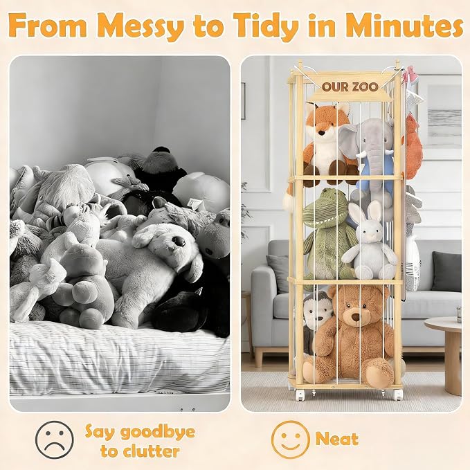 Stuffed Animal Storage,Wooden Zoo Toy Organizer with Wheels & Hanging Net, Cute Plush Toy Display Stand for Kids Bedroom, Playroom & Nursery Decor, Perfect White Elephant Gift for Boys & Girls