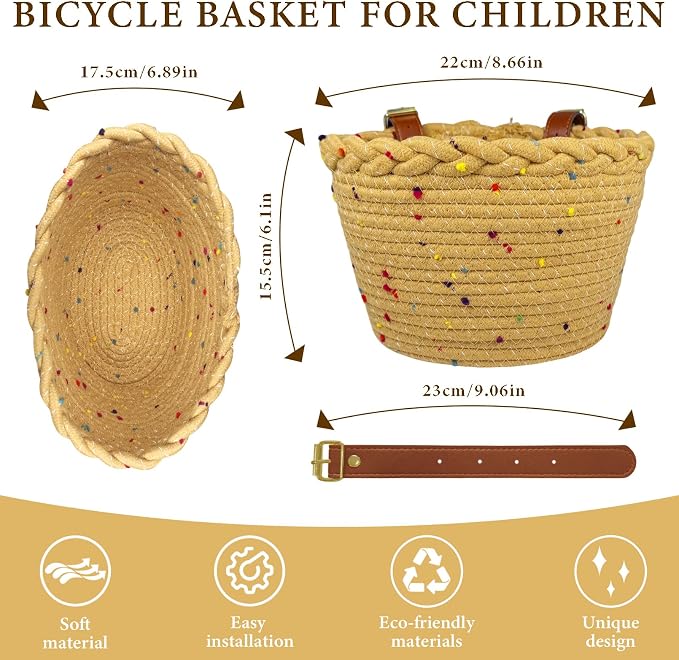 Kids Bike Basket for Girls, Front Bicycle Basket, Easy-Install Adjustable Straps for Balance Bikes Scooters