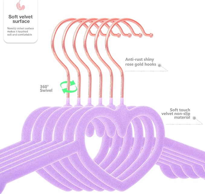Velvet Hangers 20 Pack,16 Inch Non Slip Heart Hanger (Light Purple) | 360° Swivel Hooks, Cascade Design, Space Saving