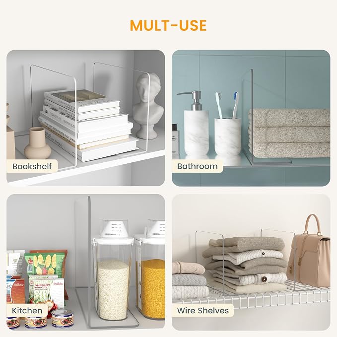 OKPOW Acrylic Shelf Dividers for Closet Organization: 8 Pack Durable Clear Shelves Separators for Clothing Adjustable 12" Tall x 10" Deep