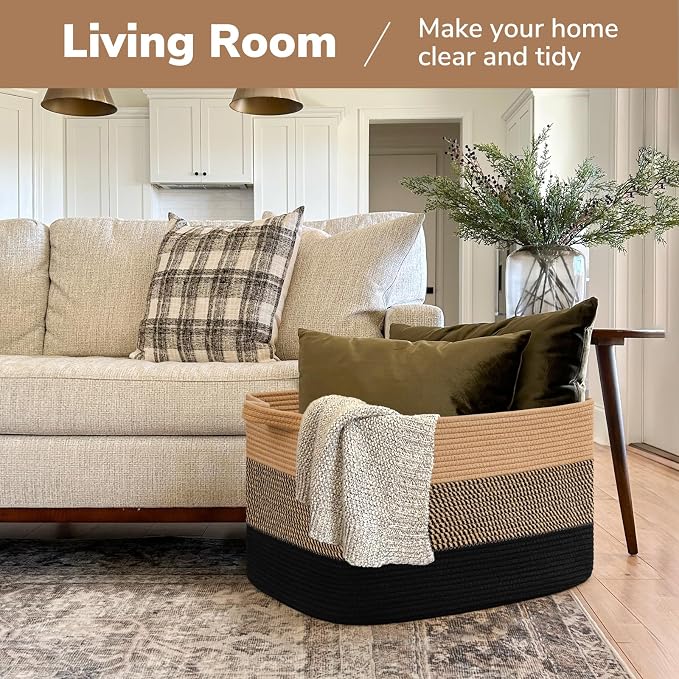 Goodpick Large Blanket Basket 22" x 17" x 12" Wicker Laundry Baskets for Organizing, Decorative Woven Rope Basket for Living Room Bedroom, Rectangle Toy Storage Baskets for Kids