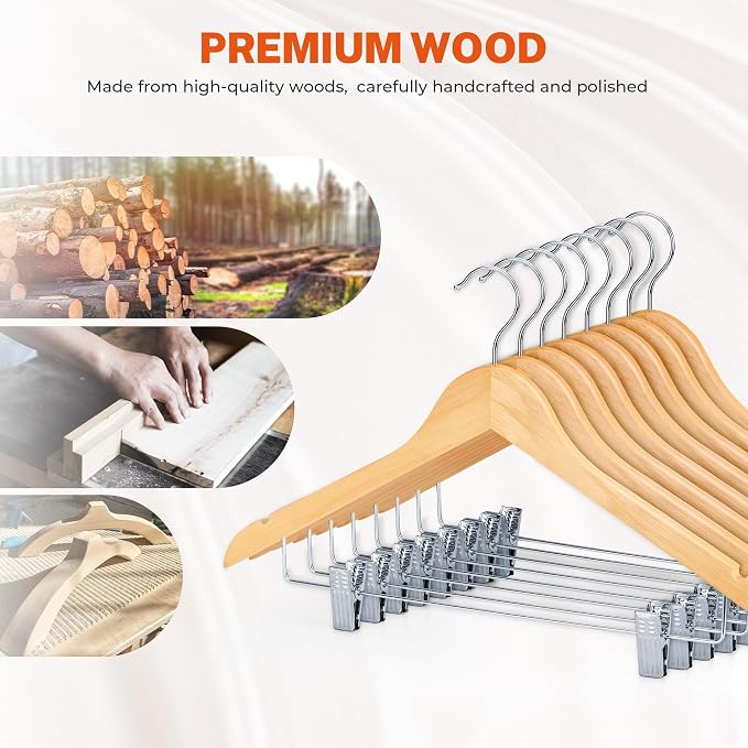 HOUSE DAY Wooden Hangers with Clips 72 Pack,Wooden Suit Hangers Skirt Hangers Solid Wood Pants Hangers Natural Smooth Finish Wood Hangers with Durable Metal Clips for Blouse, Dress, Coat, Jacket