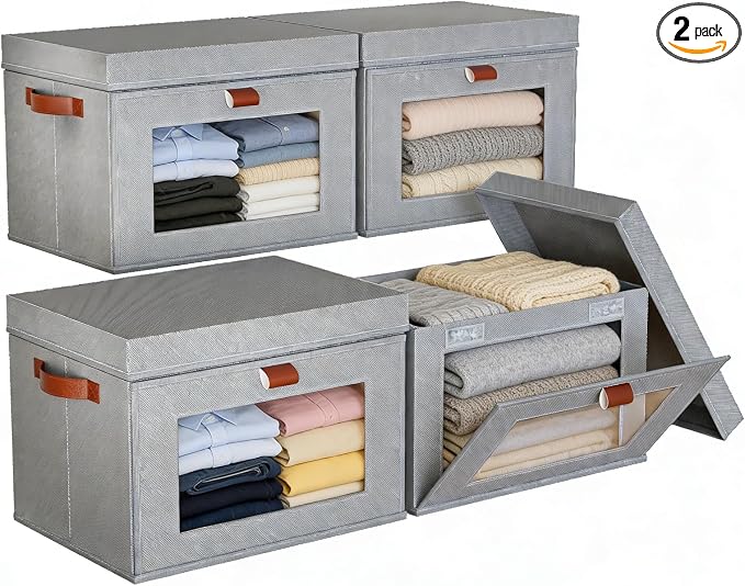 4-Pack Large Storage Bins with Lids,Stackable&Collapsible Closet Storage Bins,Oxford Fabric Organizer Box with Clear Window,Large Decorative Storage Boxes for Closet,Dorm16.5"x11.8"x11"