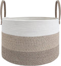 JMvicyroam 65L Extra Large Blanket Basket for Living Room - Woven Cotton Rope Laundry Hamper with Reinforced Handles - Storage Bin for Pillows, Comforters & Toys - Machine Washable,White&Brown Mix