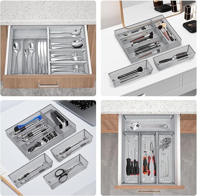 Neudeco Drawer Organizer Set, Silver, 5 Pack | 4-Compartment Silverware Tray, 4 Utensil Trays, Silver Mesh, Non-Slip, For Flatware, Cutlery, Office Supplies