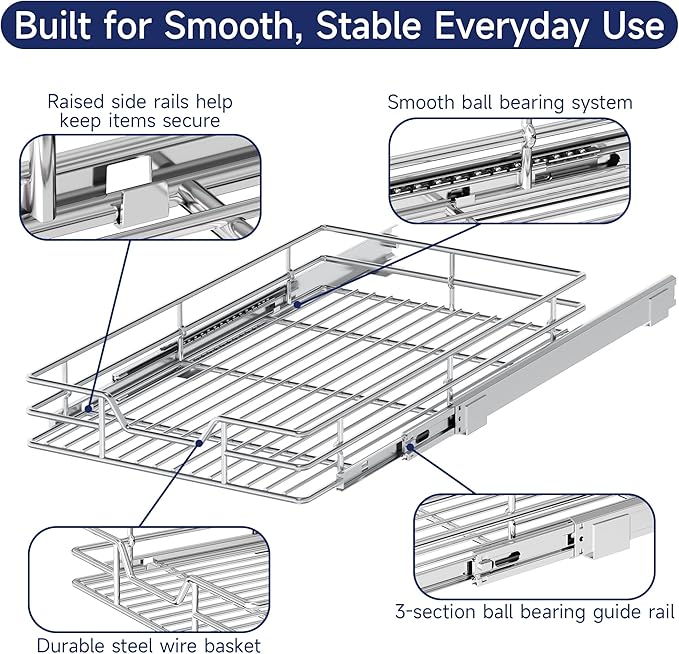 Pull Out Cabinet Organizer, 12.5" W x 21.5" D, Heavy Duty Chrome Slide Out Shelf for Narrow Base Cabinets, Sliding Wire Basket Drawer for Spices, Bottles, Snacks & Cleaning Supplies