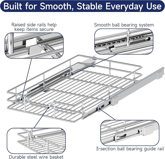 Pull Out Cabinet Organizer, 13.5" W x 21.5" D, Heavy Duty Chrome Slide Out Shelf for Base Cabinets, Sliding Wire Basket Drawer for Pantry Items, Bowls, Containers & Cleaning Supplies