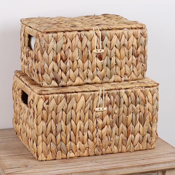 Moosky Wicker Shelf Baskets with Lid, Rectangular Storage Basket Bins with Handles Handwoven Home Desk Organizer Decor Boxes (Natural, 11.2" x 8.2" x 5.7"+12.99" x 10" x 7.08")