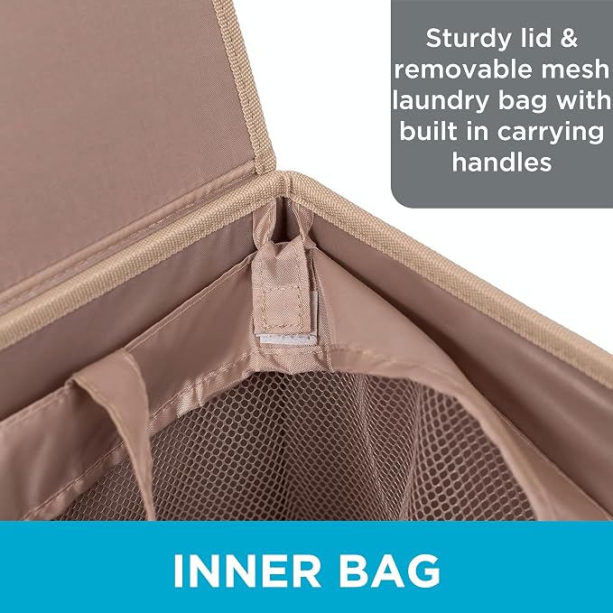 BIRDROCK HOME Single Laundry Hamper with Lid and Removable Liner | Linen | Easily Transport Laundry | Foldable Hamper | Cut Out Handles