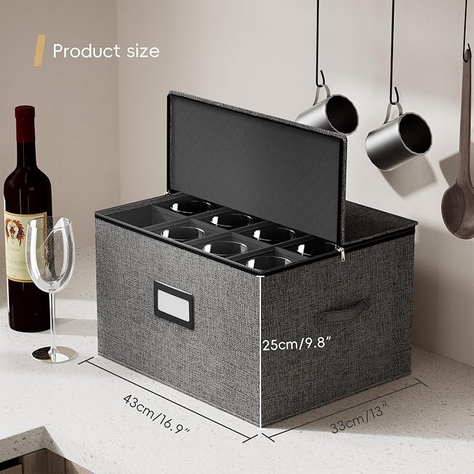 homyfort Wine Glass Storage Box with Dividers, Crystal Stemware Storage Containers Hard Shell, Service for 24 Wine Glasses Or Goblet (Grey)