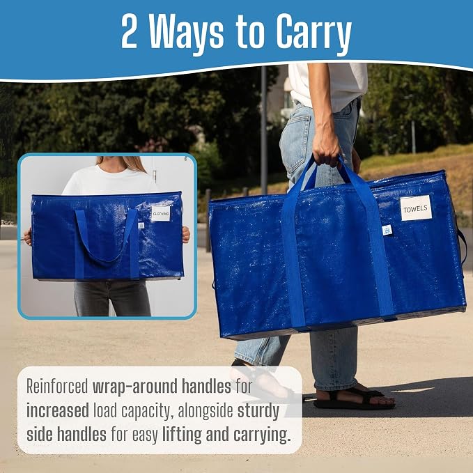 VENO 6 Pack Heavy Duty Moving Bags, 90L Extra Large Moving Boxes Alternative, 50lbs Load,Wraparound Handles,Zippers & Tag,Packing Supplies for College Dorm Essentials, Clothes Storage(Blue)